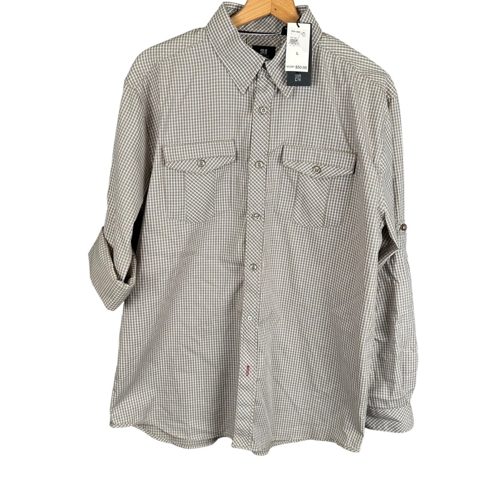 PJ Mark Mens Grid Pattern Button Up Shirt Brown White Roll Tab Sleeve Large NWT